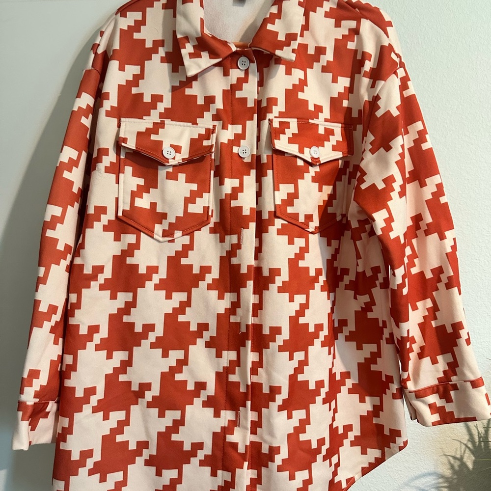 SHEIN Burnt Orange and Off White Houndstooth Utility Jacket/Shacket